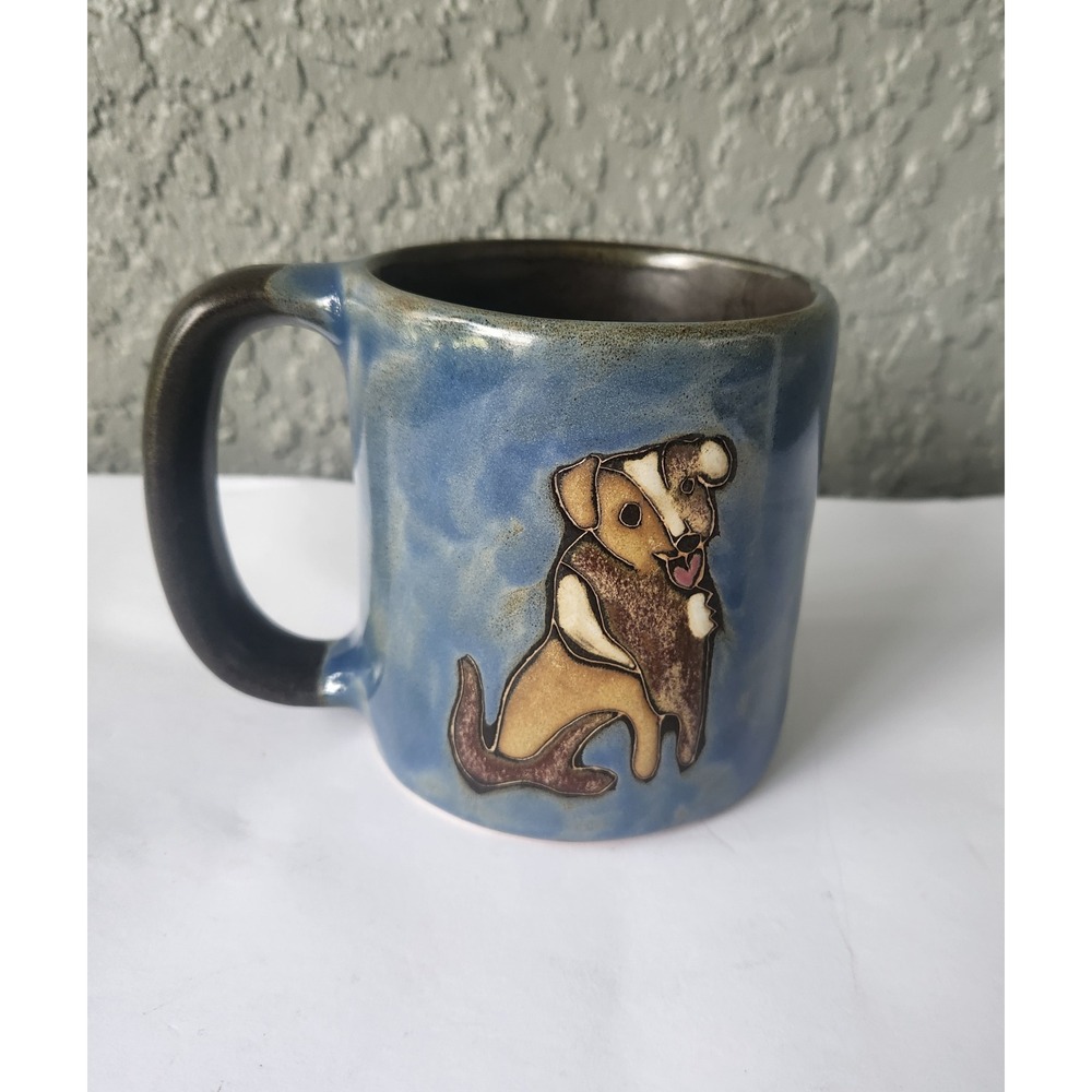 Mara Mexico Studio Pottery Dog Mug Blue Stoneware Hand Painted Signed 12oz